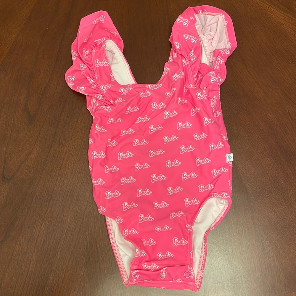 Posh Peanut Pink Barbie Logo Ruffle One-Piece Swimsuit